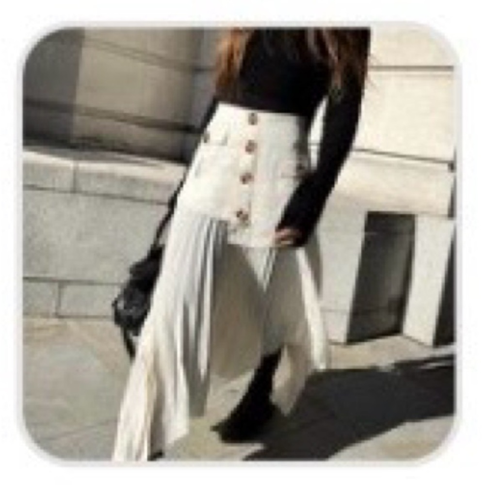 Commense Layered Pleated Midi Skirt Small Cream Asymmetrical Button High Waist